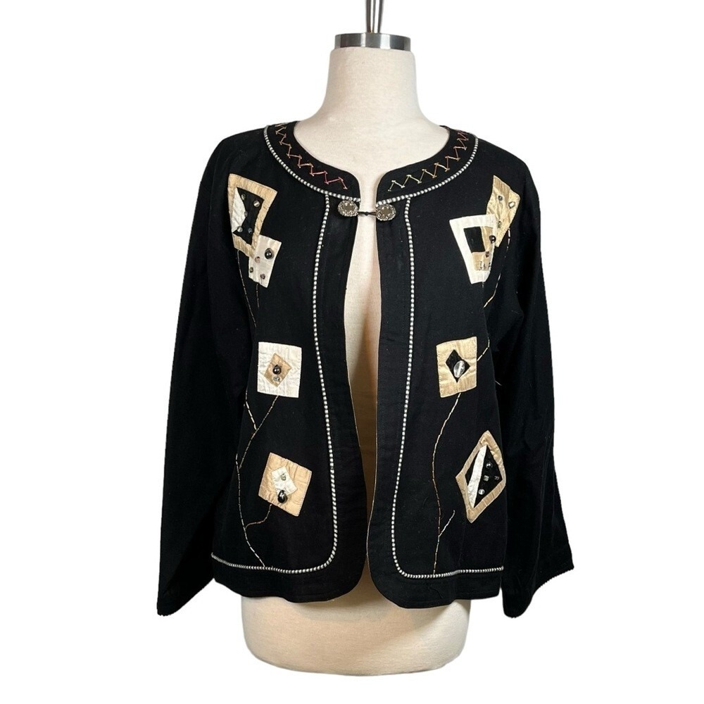 Yak Magik Jacket Womens L Black Silk Patchwork Beaded‎ Art To Wear Made In Nepal